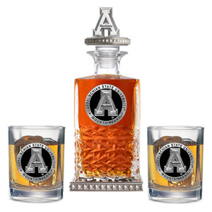 Appalachian State University Heritage Decanter w/ 3D Top - Diamond Accents & 2 Glasses - Heritage Metalworks, Inc.
