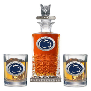 Penn State University Heritage Decanter w/ 3D Top - Diamond Accents & 2 Glasses - Heritage Metalworks, Inc.