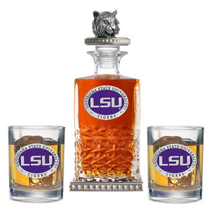 Louisiana State University Heritage Decanter w/ Tiger Head 3D Top - Diamond Accents & 2 Glasses - Heritage Metalworks, Inc.