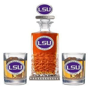 Louisiana State University Heritage Decanter w/ 3D Top - Diamond Accents & 2 Glasses - Heritage Metalworks, Inc.