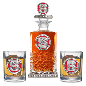 North Carolina State University Heritage Decanter w/ 3D Top - Diamond Accents & 2 Glasses - Heritage Metalworks, Inc.
