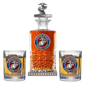 Marine Corps Heritage Decanter w/ 3D Top - Diamond Accents & 2 Glasses - Heritage Metalworks, Inc.