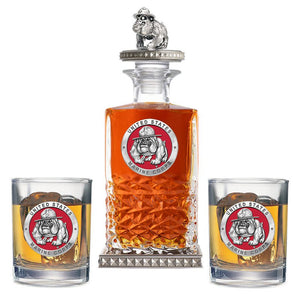 Marine Corps Bulldog Heritage Decanter w/ 3D Top - Diamond Accents & 2 Glasses - Heritage Metalworks, Inc.