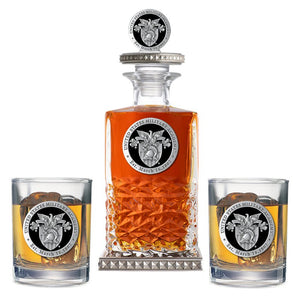 United States Military Academy Crest Heritage Decanter w/ 3D Top - Diamond Accents & 2 Glasses - Heritage Metalworks, Inc.