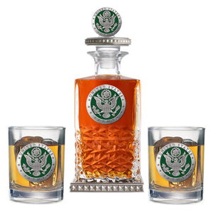 Army Heritage Decanter w/ 3D Top - Diamond Accents & 2 Glasses - Heritage Metalworks, Inc.