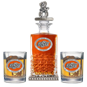 Oklahoma State University Heritage Decanter w/ Cowboy 3D Top - Diamond Accents & 2 Glasses - Heritage Metalworks, Inc.