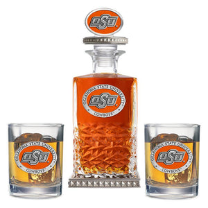 Oklahoma State University Heritage Decanter w/ 3D Top - Diamond Accents & 2 Glasses - Heritage Metalworks, Inc.
