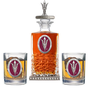 Arizona State University Fork Logo Heritage Decanter w/ 3D Top - Diamond Accents & 2 Glasses - Heritage Metalworks, Inc.