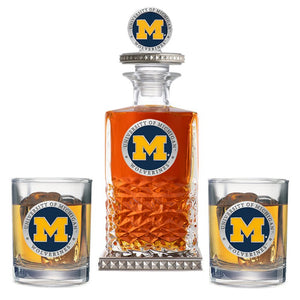 University of Michigan Heritage Decanter w/ 3D Top - Diamond Accents & 2 Glasses - Heritage Metalworks, Inc.