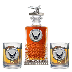 Air Force Wings Heritage Decanter w/ Jet 3D Top - Diamond Accents & 2 Glasses - Heritage Metalworks, Inc.