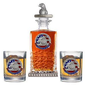 America's 250th Anniversary Eagle Head with Flag Heritage Decanter w/ Eagle Head 3D Top - Diamond Accents & 2 Glasses - Heritage Metalworks, Inc.