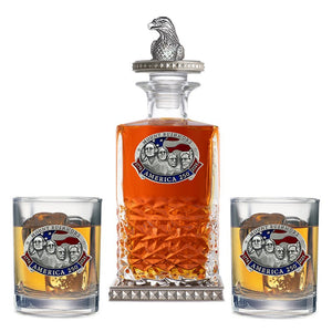 America's 250th Anniversary Mount Rushmore Heritage Decanter w/ Eagle Head 3D Top - Diamond Accents & 2 Glasses - Heritage Metalworks, Inc.