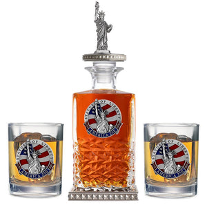 America's 250th Anniversary Statue of Liberty Heritage Decanter w/ 3D Top - Diamond Accents & 2 Glasses - Heritage Metalworks, Inc.