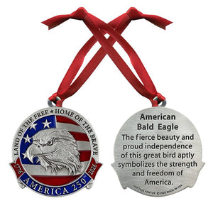 America's 250th Anniversary Eagle Head with Flag Ornament (w/ Back Text) - Heritage Metalworks, Inc.