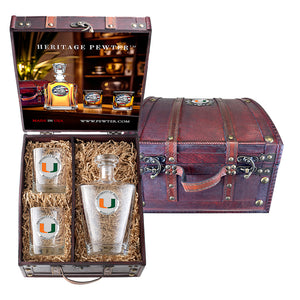 University of Miami Royal Decanter and 2 Glasses with Chest Box