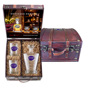 James Madison University Royal Decanter and 2 Glasses w/ Chest Box