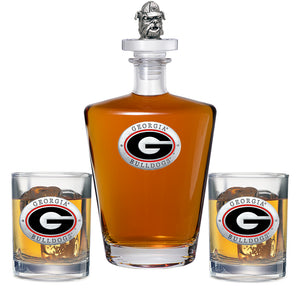 University of Georgia Royal Decanter with 3D Top Bulldog & 2 Glasses