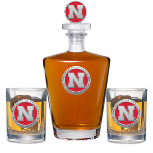 University of Nebraska Royal Decanter with 3D Top & 2 Glasses