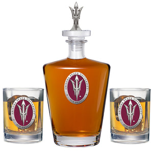 Arizona State University Pitch Fork Logo Royal Decanter with 3D Top & 2 Glasses