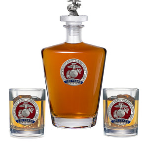 250th Anniversary Marine Corps  Royal Decanter with 3D Top & 2 Glasses