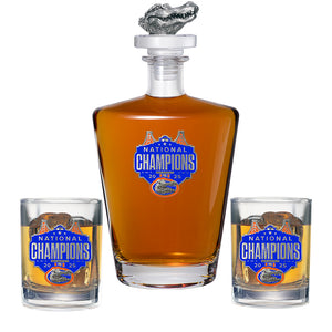 2025 Univ. of Florida Basketball Champ Royal Decanter with 3D Gator Top & 2 Glasses