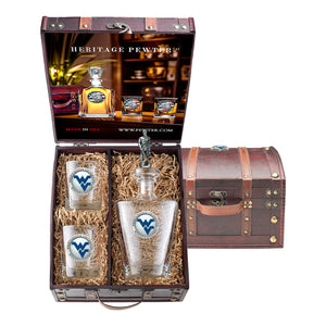 West Virginia University Royal Decanter with 3D Top and 2 Glasses w/ Chest Box