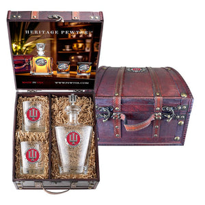 Indiana University Royal Decanter with 3D Top Cougar and 2 Glasses w/ Chest Box - Heritage Metalworks, Inc.