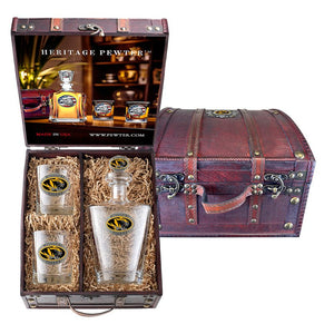 University of Missouri Royal Decanter with 3D Top and 2 Glasses with Chest Box - Heritage Metalworks, Inc.
