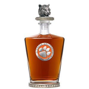 Clemson University Royal Decanter w/ Tiger Head 3D Top - Diamond Accents - Heritage Metalworks, Inc.
