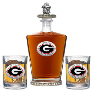 University of Georgia Royal Decanter w/ Bulldog 3D Top - Diamond Accents & 2 Glasses - Heritage Metalworks, Inc.