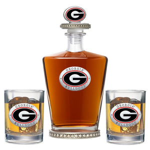 University of Georgia Royal Decanter w/ 3D Top - Diamond Accents & 2 Glasses - Heritage Metalworks, Inc.