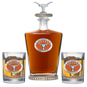 University of Texas at Austin Royal Decanter w/ 3D Top - Diamond Accents & 2 Glasses - Heritage Metalworks, Inc.