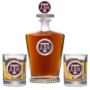 Texas A&M University Royal Decanter w/ 3D Top - Diamond Accents & 2 Glasses - Heritage Metalworks, Inc.