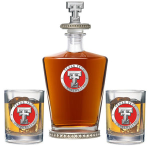 Texas Tech University Royal Decanter w/ 3D Top - Diamond Accents & 2 Glasses - Heritage Metalworks, Inc.
