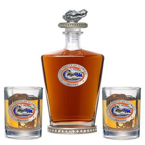 University of Florida Royal Decanter w/ Gator Head 3D Top - Diamond Accents & 2 Glasses - Heritage Metalworks, Inc.