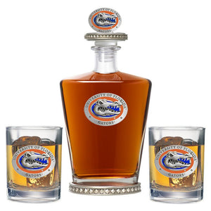 University of Florida Royal Decanter w/ 3D Top - Diamond Accents & 2 Glasses - Heritage Metalworks, Inc.