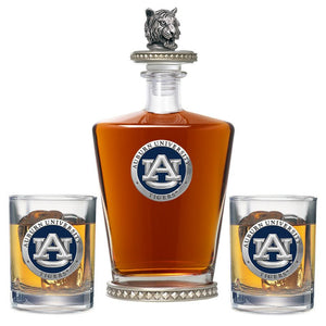 Auburn University Royal Decanter w/ Tiger Head 3D Top - Diamond Accents & 2 Glasses - Heritage Metalworks, Inc.