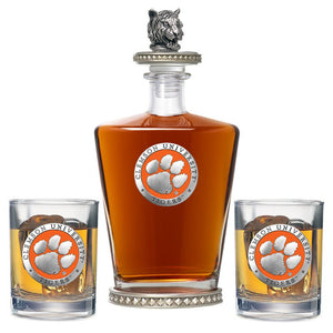 Clemson University Royal Decanter w/ Tiger Head 3D Top - Diamond Accents & 2 Glasses - Heritage Metalworks, Inc.