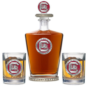 University of South Carolina Royal Decanter w/ 3D Top - Diamond Accents & 2 Glasses - Heritage Metalworks, Inc.