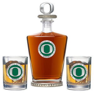 University of Oregon Royal Decanter w/ 3D Top - Diamond Accents & 2 Glasses - Heritage Metalworks, Inc.