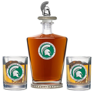 Michigan State University Royal Decanter w/ 3D Top - Diamond Accents & 2 Glasses - Heritage Metalworks, Inc.