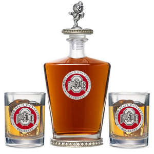 Ohio State University Royal Decanter w/ Brutus 3D Top - Diamond Accents & 2 Glasses - Heritage Metalworks, Inc.