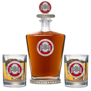 Ohio State University Royal Decanter w/ 3D Top - Diamond Accents & 2 Glasses - Heritage Metalworks, Inc.