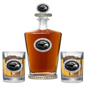 University of Southern Mississippi Royal Decanter w/ 3D Top - Diamond Accents & 2 Glasses - Heritage Metalworks, Inc.