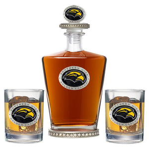 University of Southern Mississippi Royal Decanter w/ 3D Top-Diamond Accents & 2 Glasses - Heritage Metalworks, Inc.