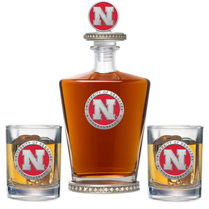 University of Nebraska Royal Decanter w/ 3D Top - Diamond Accents & 2 Glasses - Heritage Metalworks, Inc.