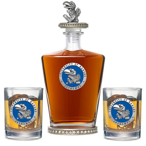 University of Kansas Royal Decanter w/ 3D Top - Diamond Accents & 2 Glasses - Heritage Metalworks, Inc.