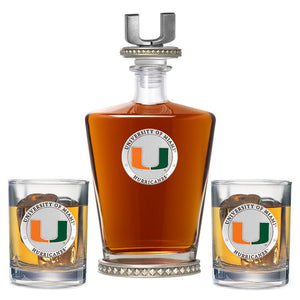University of Miami Royal Decanter w/ 3D Top - Diamond Accents & 2 Glasses - Heritage Metalworks, Inc.