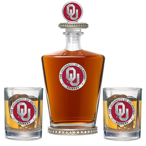 University of Oklahoma Royal Decanter w/ 3D Top - Diamond Accents & 2 Glasses - Heritage Metalworks, Inc.