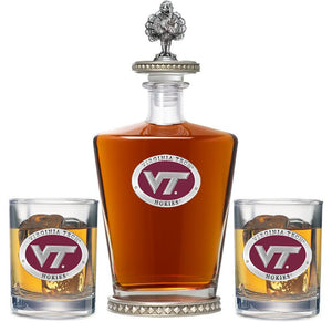 Virginia Tech University VT Logo Royal Decanter w/ 3D Top - Diamond Accents & 2 Glasses - Heritage Metalworks, Inc.